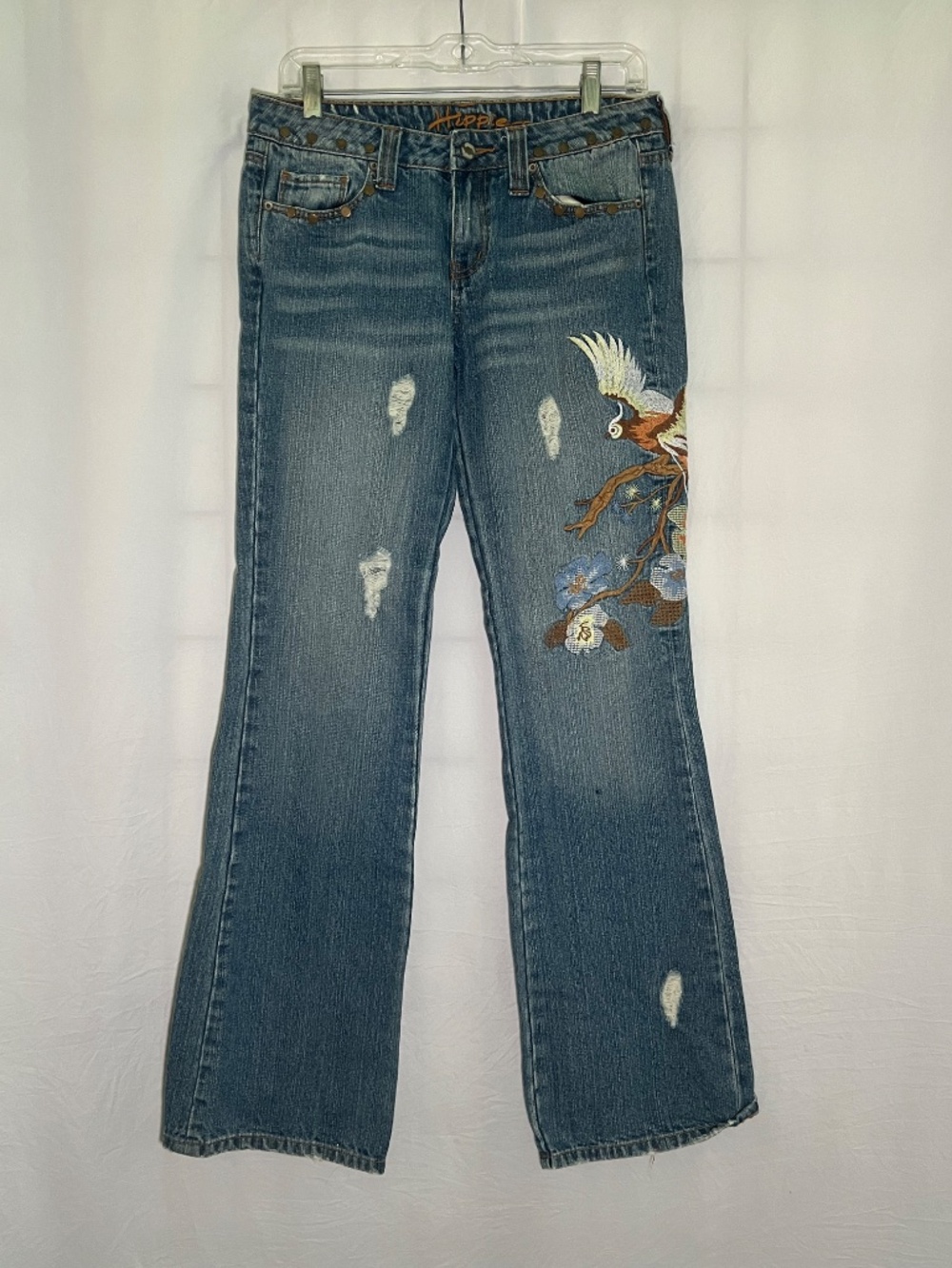 Embroidered Hippie Distressed Flare Jeans. Lowrise. Size 28.